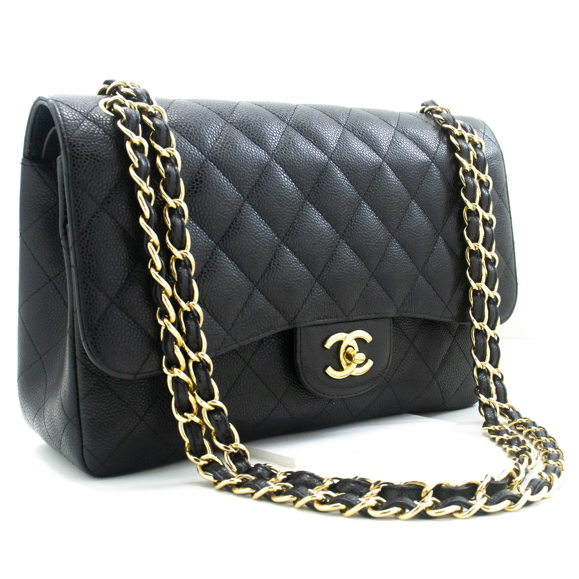 CHANEL Classic Large 11" Grained Calfskin Chain Shoulder Bag Black L65