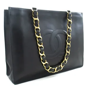 CHANEL Jumbo Large Big Chain Shoulder Bag Black Lambskin Leather L86