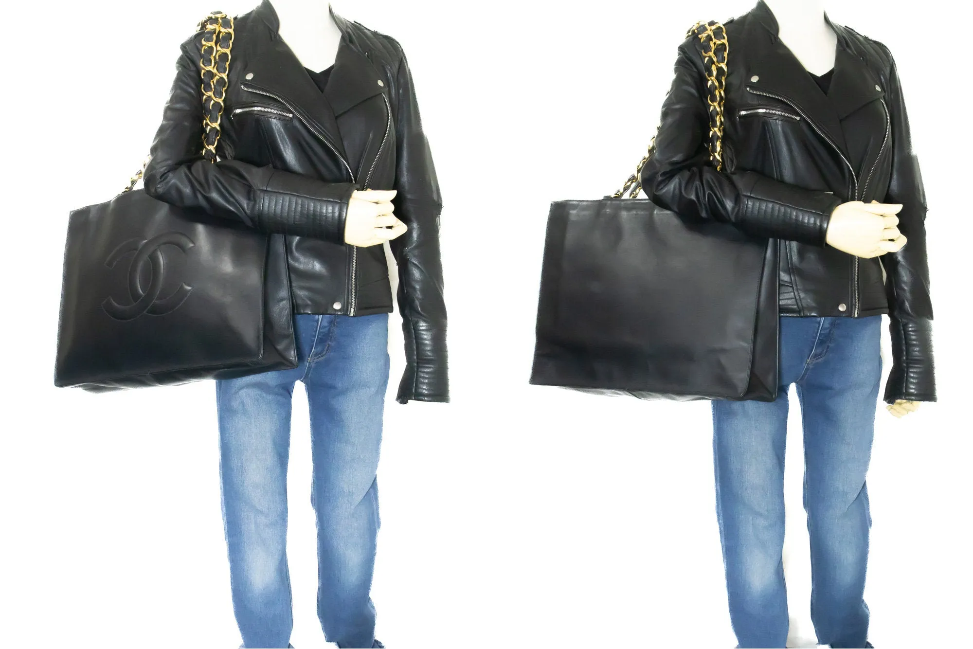 CHANEL Jumbo Large Big Chain Shoulder Bag Black Lambskin Leather L86