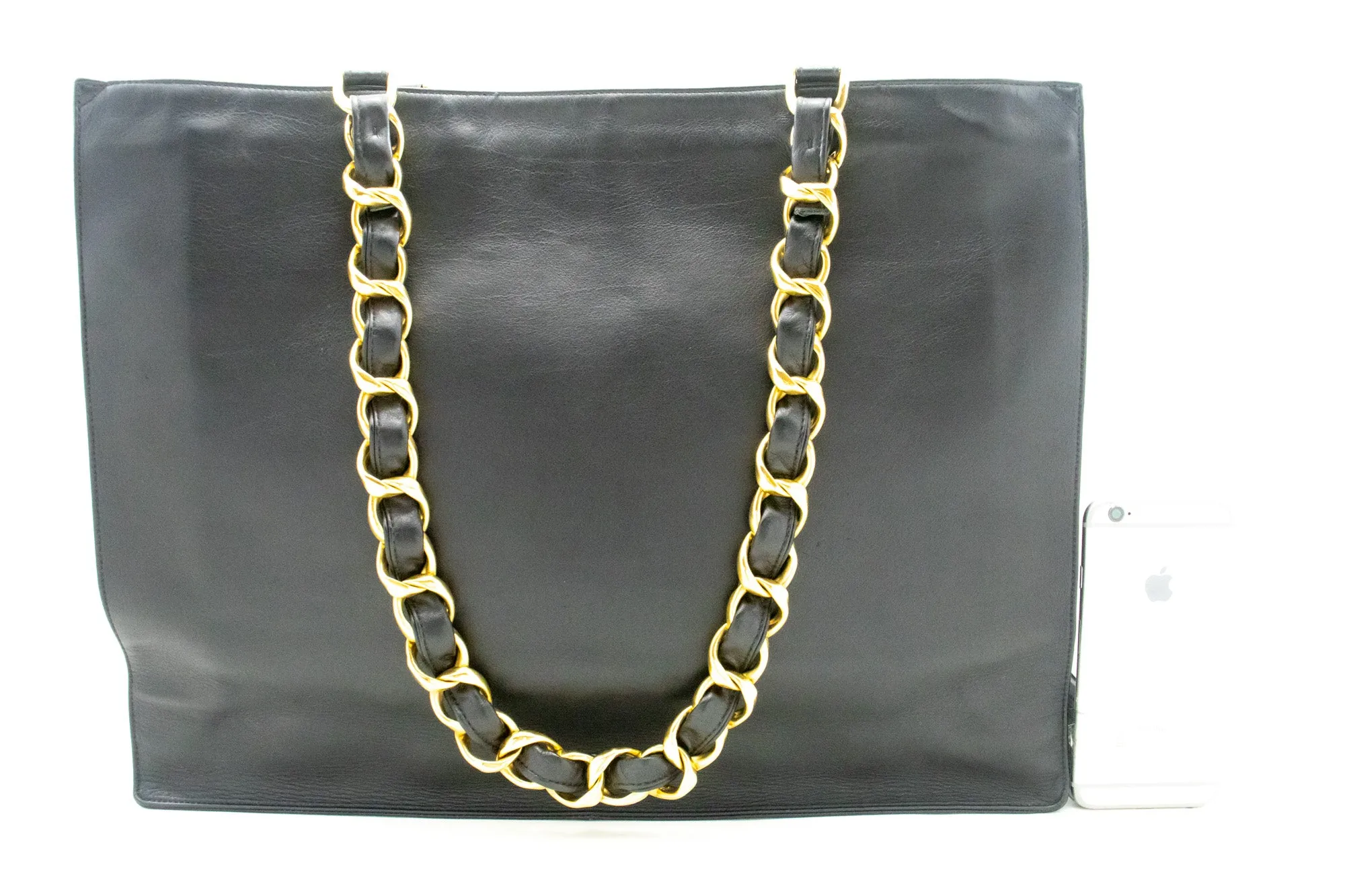 CHANEL Jumbo Large Big Chain Shoulder Bag Black Lambskin Leather L86