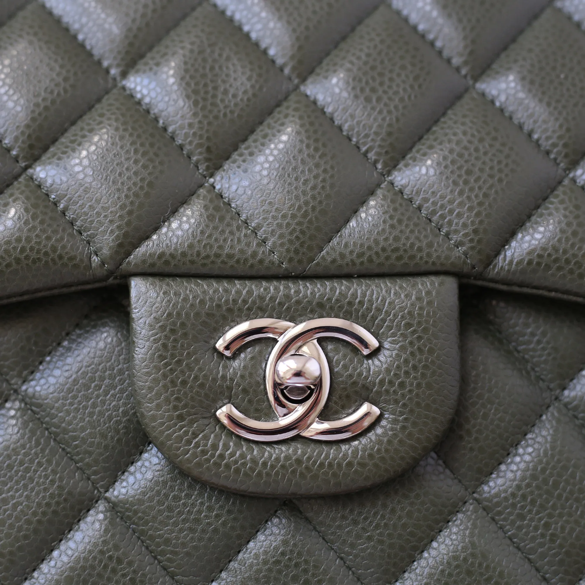 Chanel | Olive Green Calfskin Classic Double Flap | Jumbo