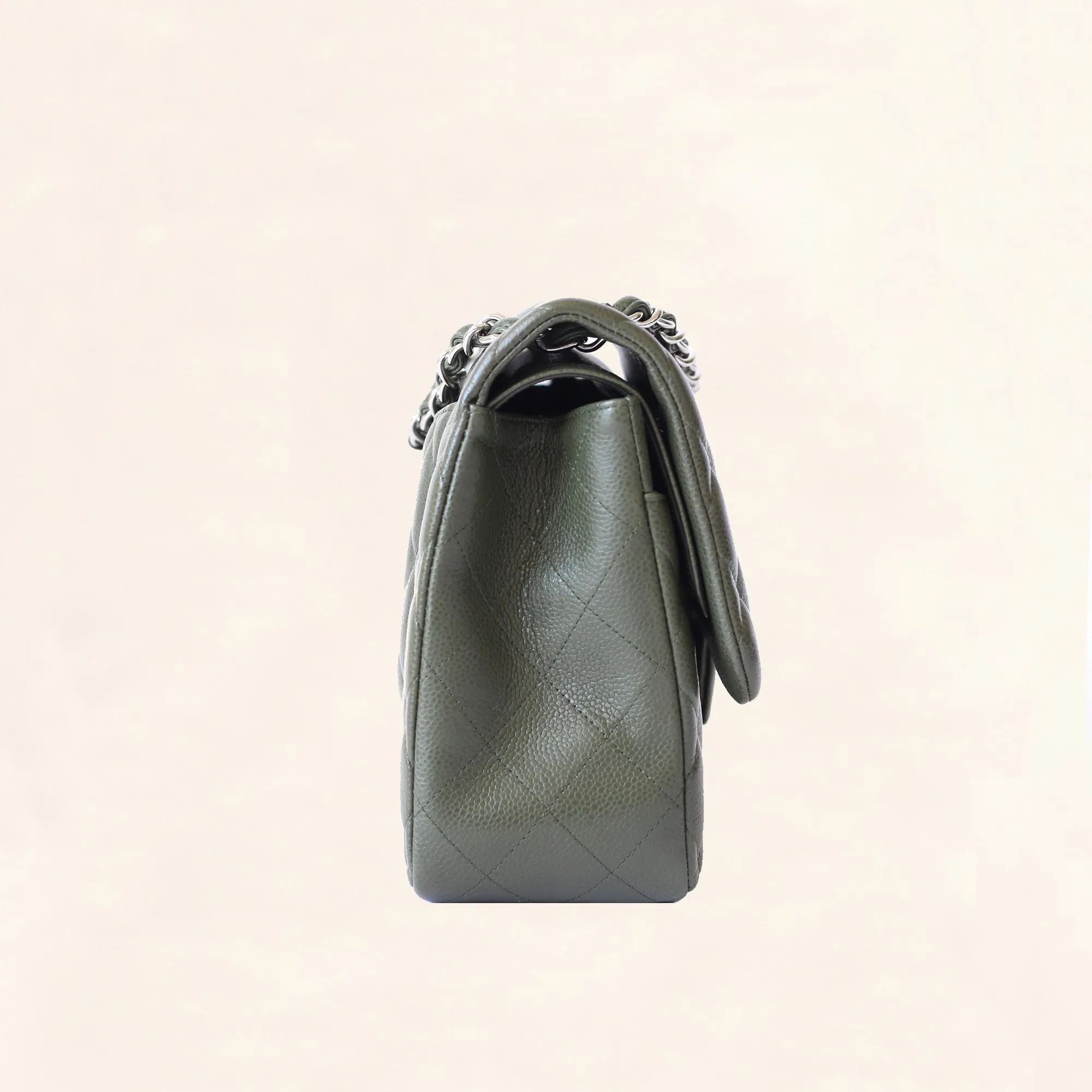 Chanel | Olive Green Calfskin Classic Double Flap | Jumbo