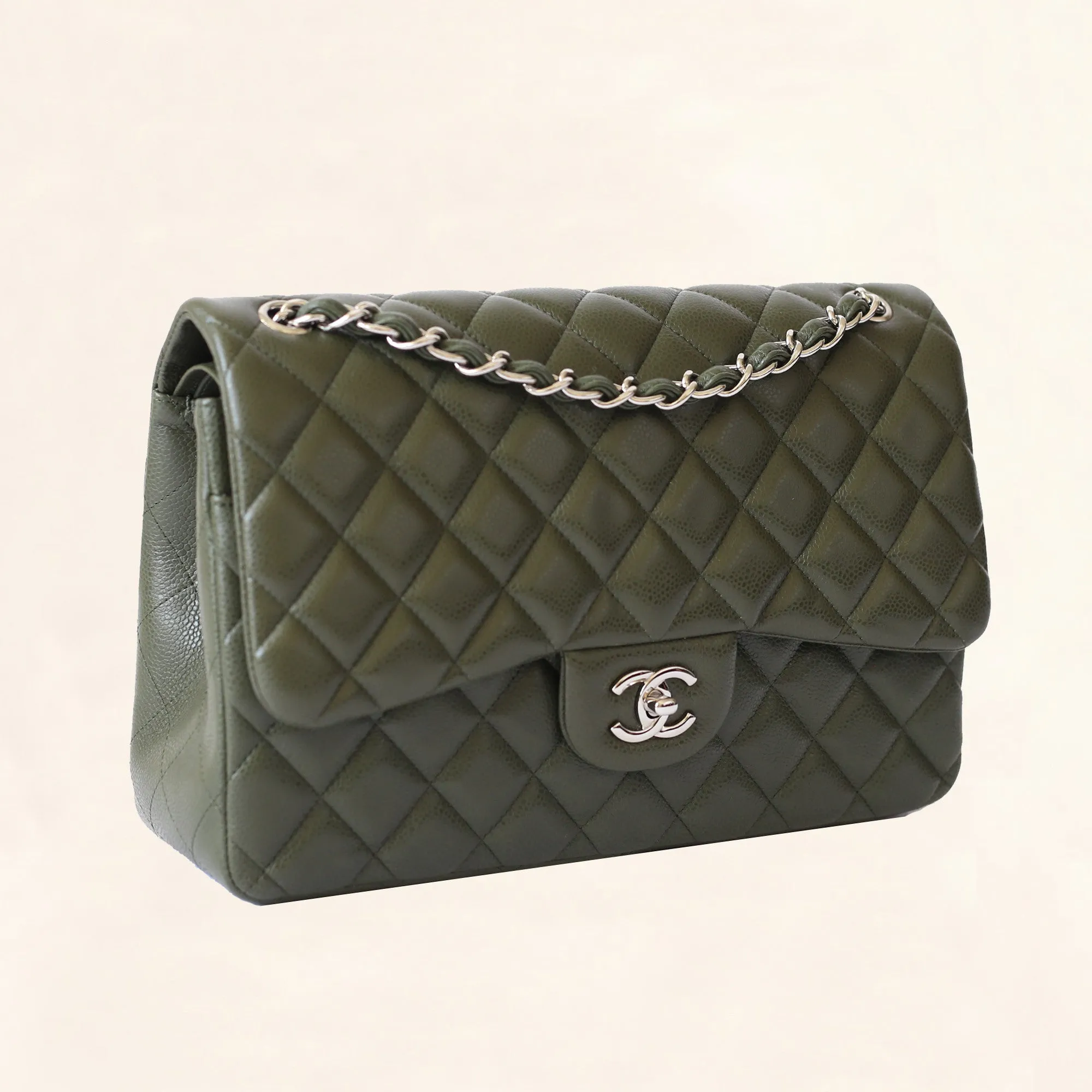Chanel | Olive Green Calfskin Classic Double Flap | Jumbo