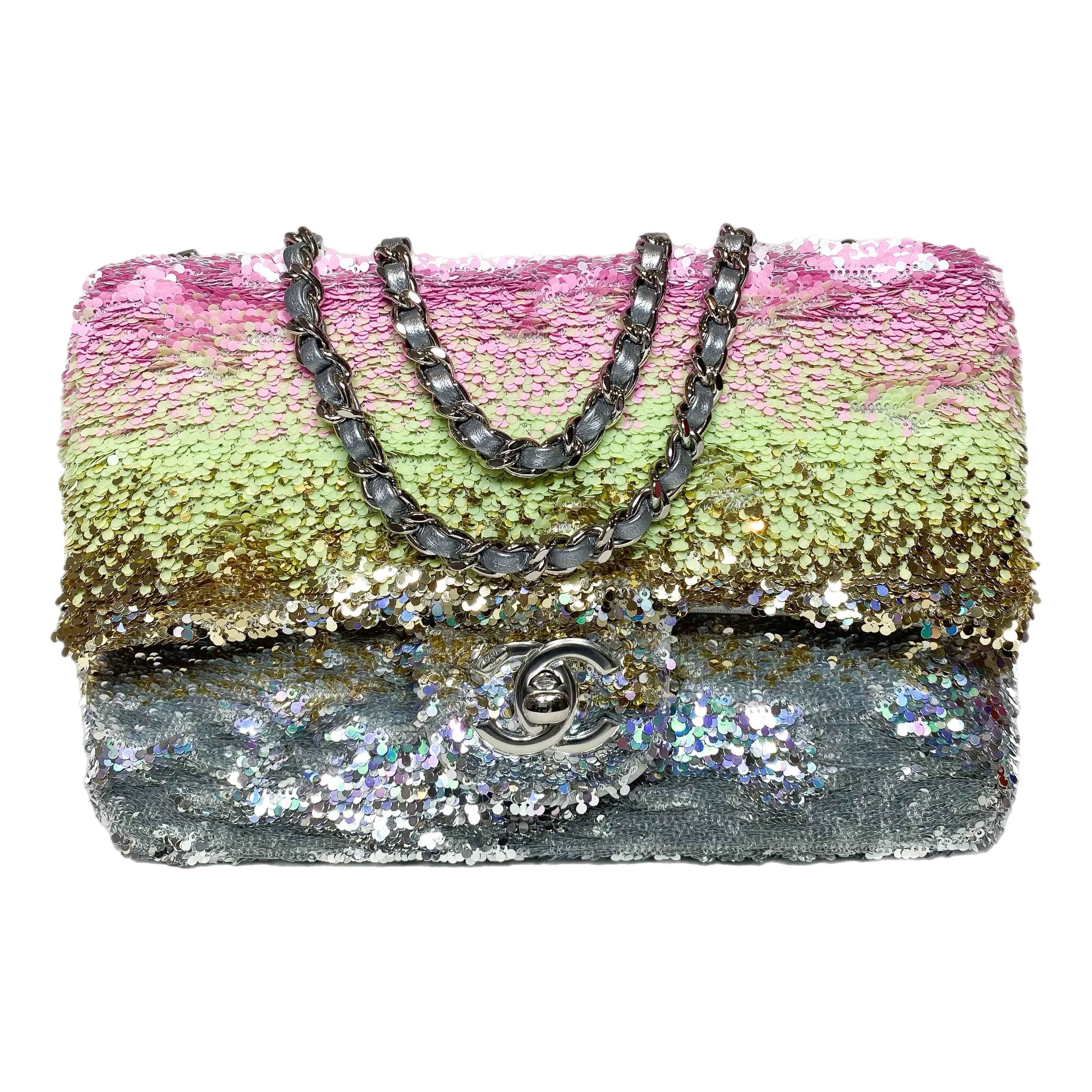Chanel Pink Green Silver Sequins Mini Flap Bag