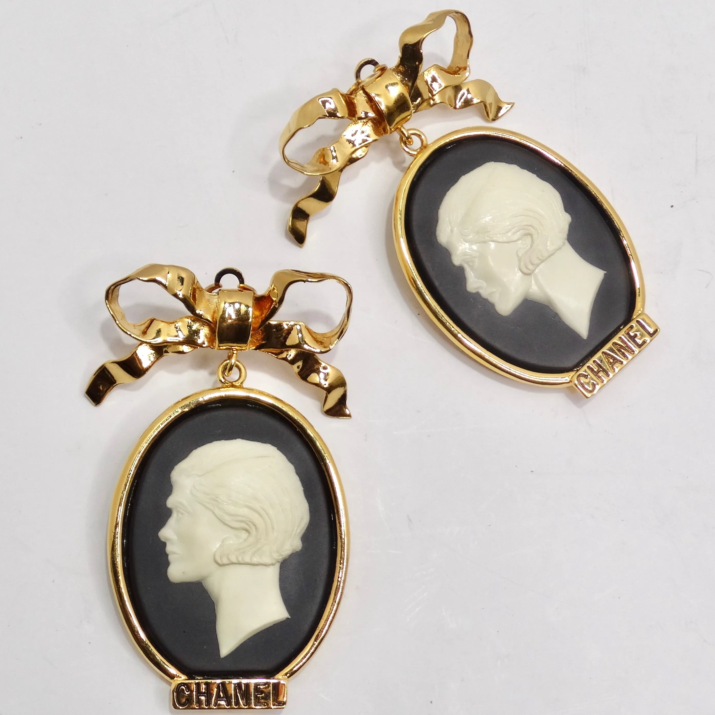 Chanel Rare 1980s Large Gold Tone Cameo Earrings