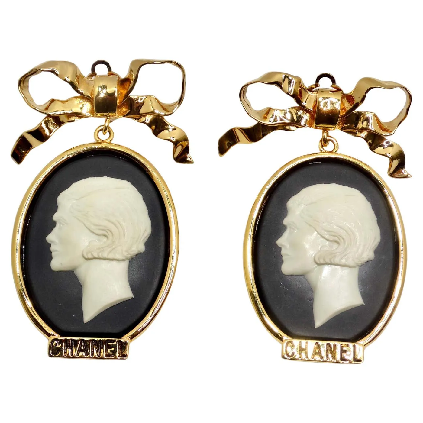 Chanel Rare 1980s Large Gold Tone Cameo Earrings