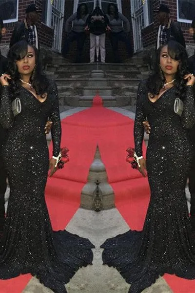 Charming Black Sequins Long-Sleeves Deep-V-Neck Alluring Prom Dresses