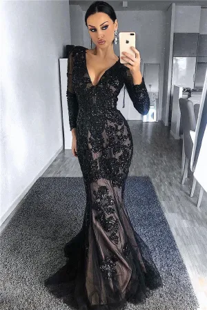 Charming Black Tulle Nude Lining Evening Dresses with Sleeves Elegant Long Sleeves Beads Appliques Prom Dresses