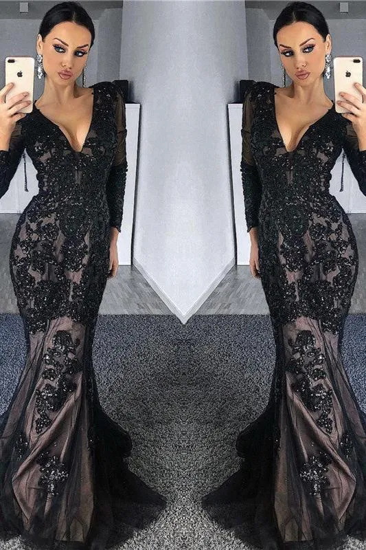 Charming Black Tulle Nude Lining Evening Dresses with Sleeves Elegant Long Sleeves Beads Appliques Prom Dresses