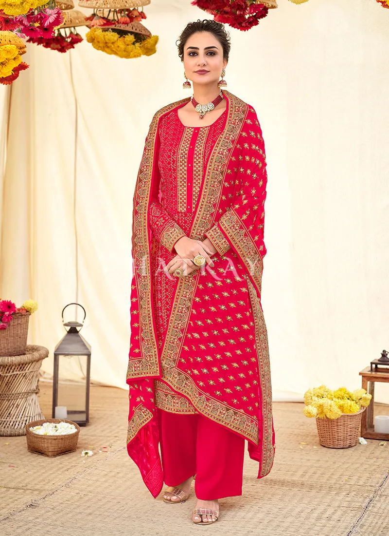 Cherry Red Embroidered Georgette Wedding Salwar Kameez