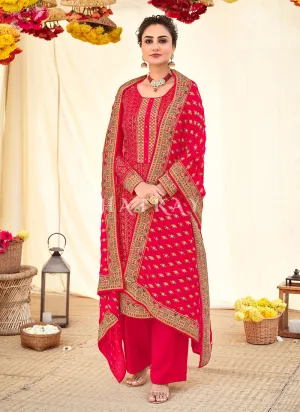 Cherry Red Embroidered Georgette Wedding Salwar Kameez