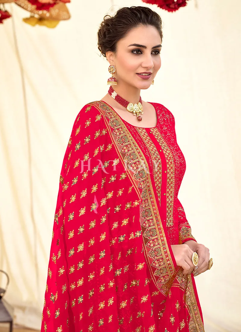 Cherry Red Embroidered Georgette Wedding Salwar Kameez