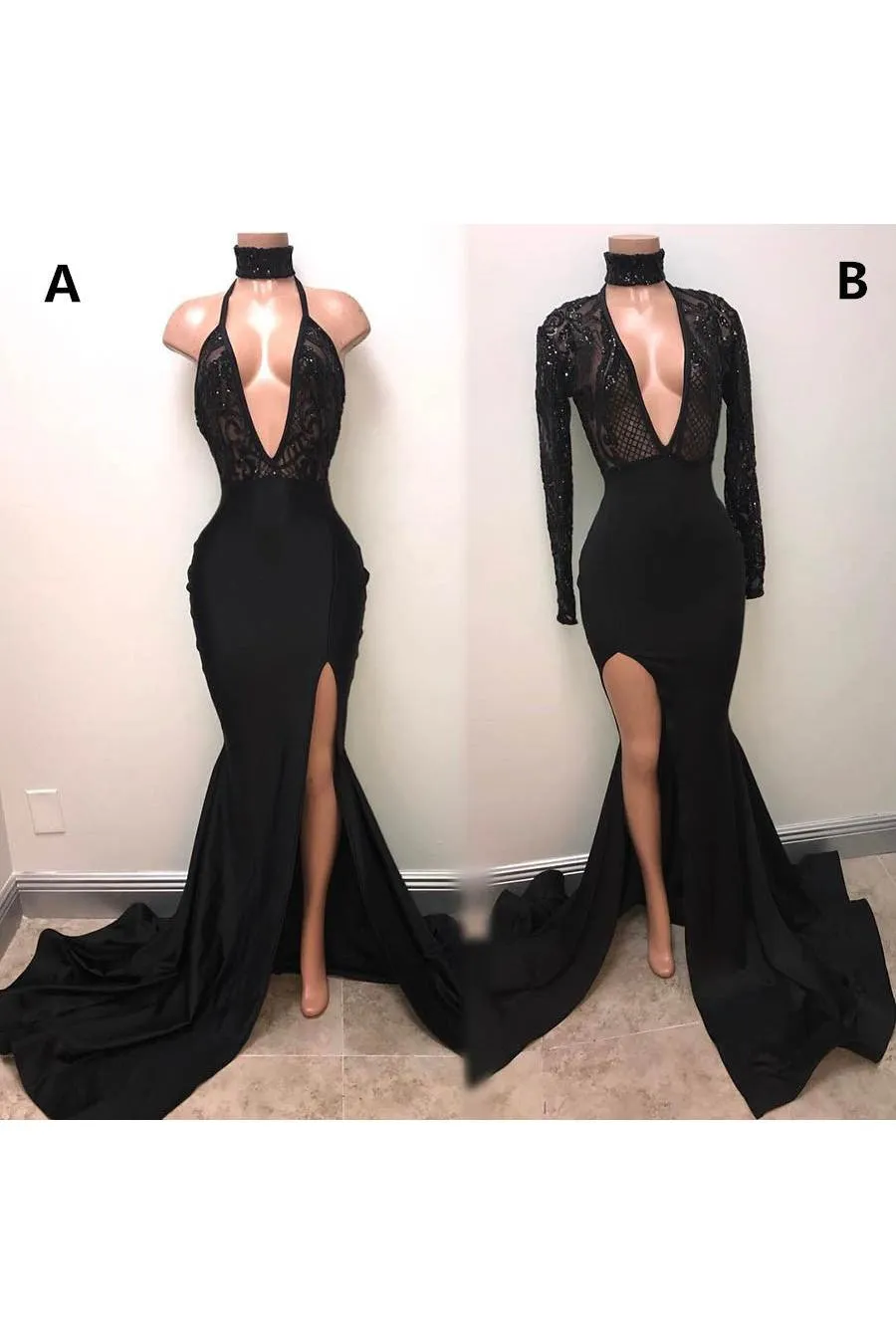 Chic Black High Neck Lace Front Split Mermaid Prom Party Gowns