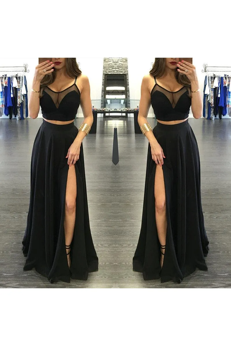 Chic Black Illusion Two Piece Prom Party GownsFront Split Spaghetti Strap