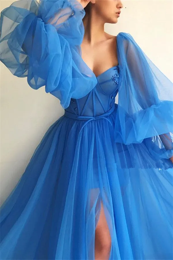 Chic Long Sleevess Sweetheart See Through Bodice Prom Party Gowns| Front Slit Blue Long Prom Party Gowns