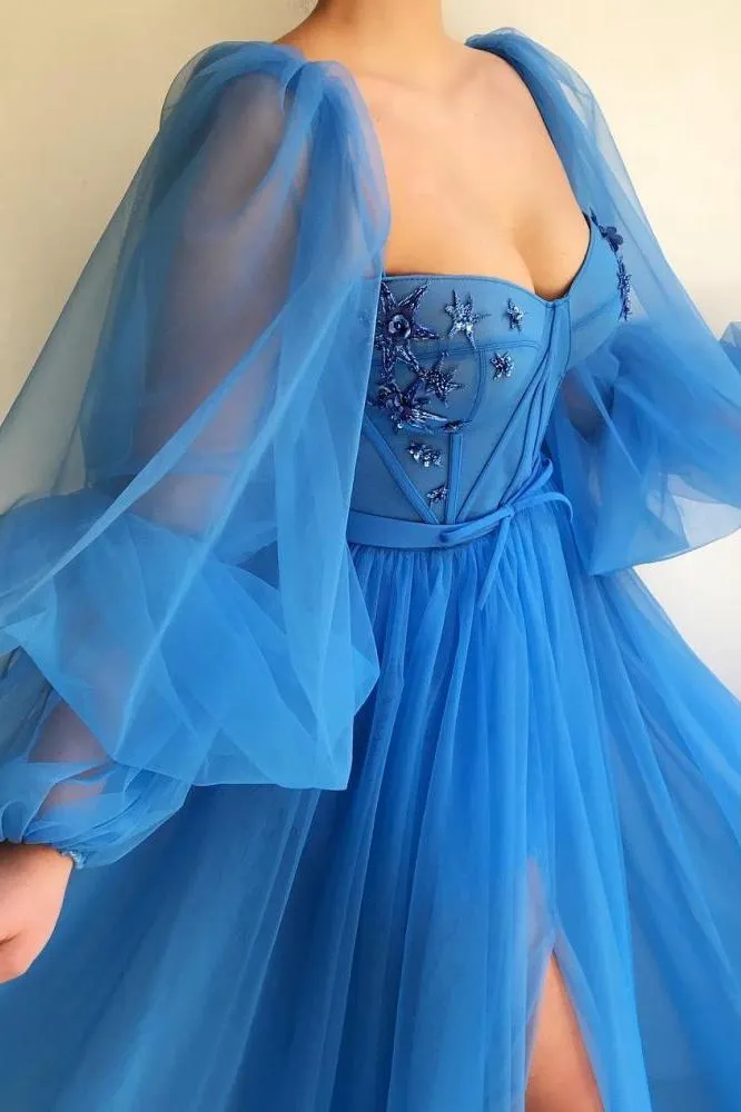 Chic Long Sleevess Sweetheart See Through Bodice Prom Party Gowns| Front Slit Blue Long Prom Party Gowns