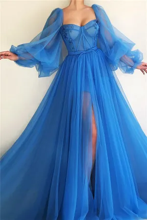 Chic Long Sleevess Sweetheart See Through Bodice Prom Party Gowns| Front Slit Blue Long Prom Party Gowns