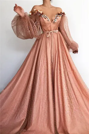 Chic Off-the-Shoulder V-neck Long Tulle Beading Long Sleevess Prom Party Gowns