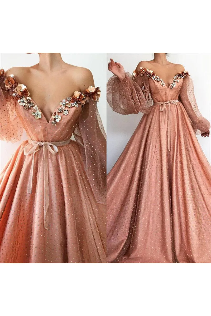 Chic Off-the-Shoulder V-neck Long Tulle Beading Long Sleevess Prom Party Gowns