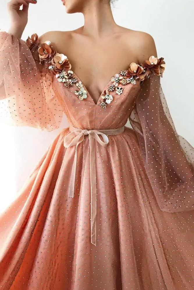 Chic Off-the-Shoulder V-neck Long Tulle Beading Long Sleevess Prom Party Gowns
