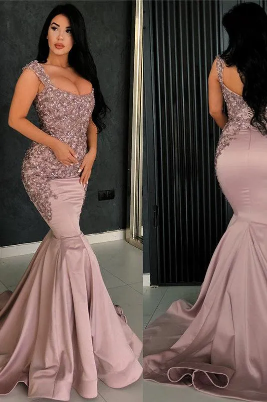 Chic Pink Mermaid Evening Dress Straps Appliques Long Formal Dresses