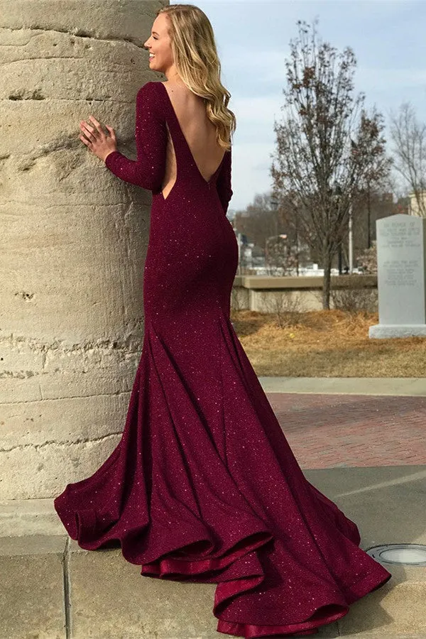 Chic Round Neck Long Sleevess Backless Prom Party Gowns