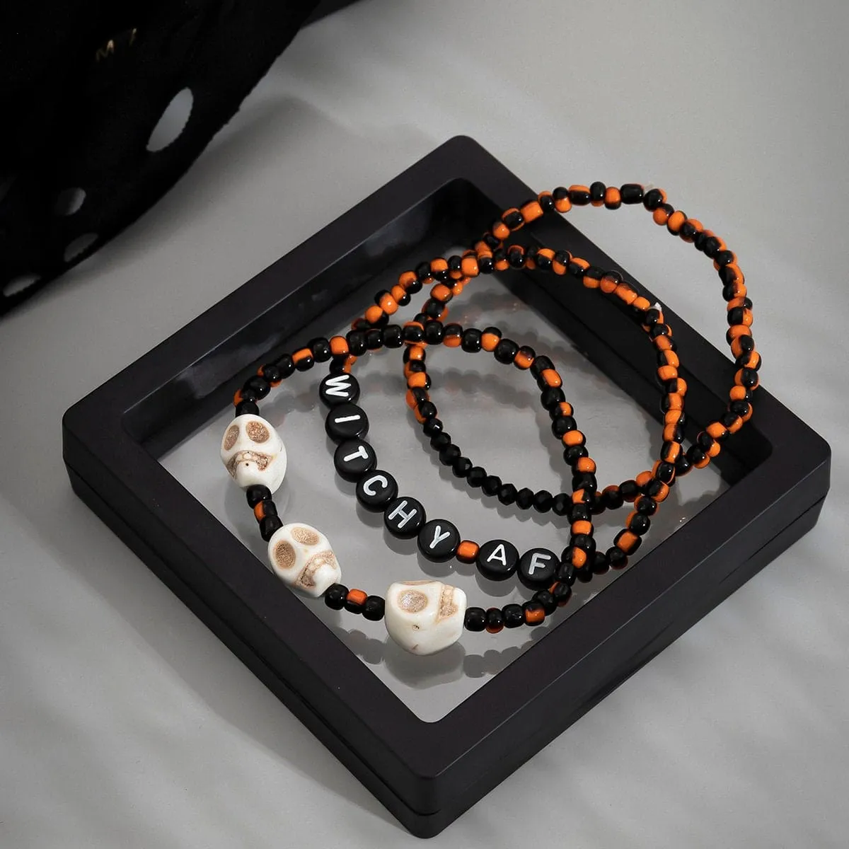 Chic Skull Letter Charm Crystal Seed Beaded Stackable Bracelet Set