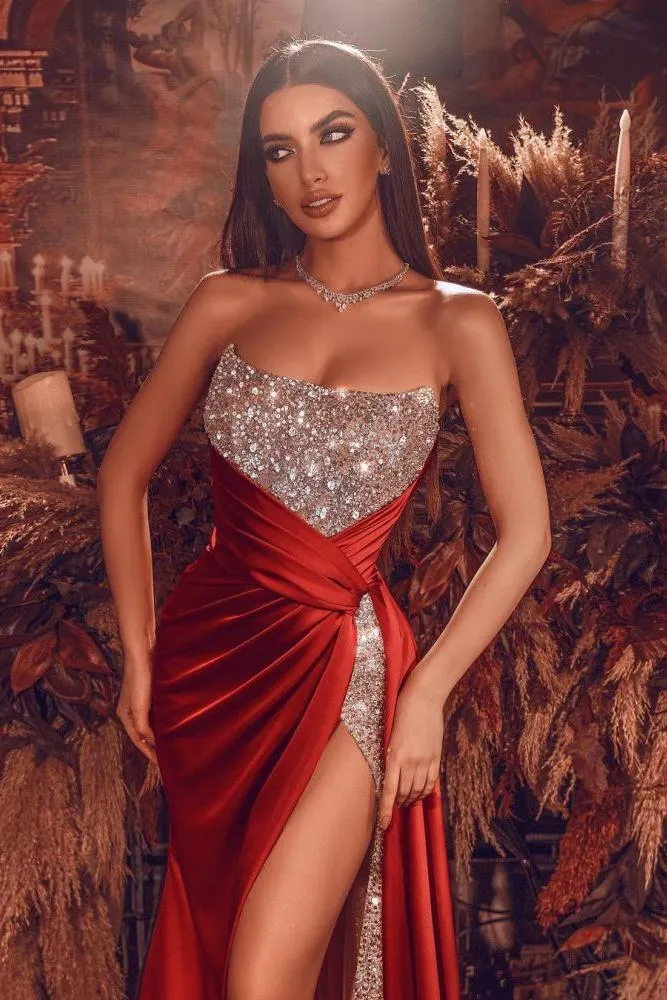 Chic Strapless Glitter Sequins Evening Gown with Side Slit