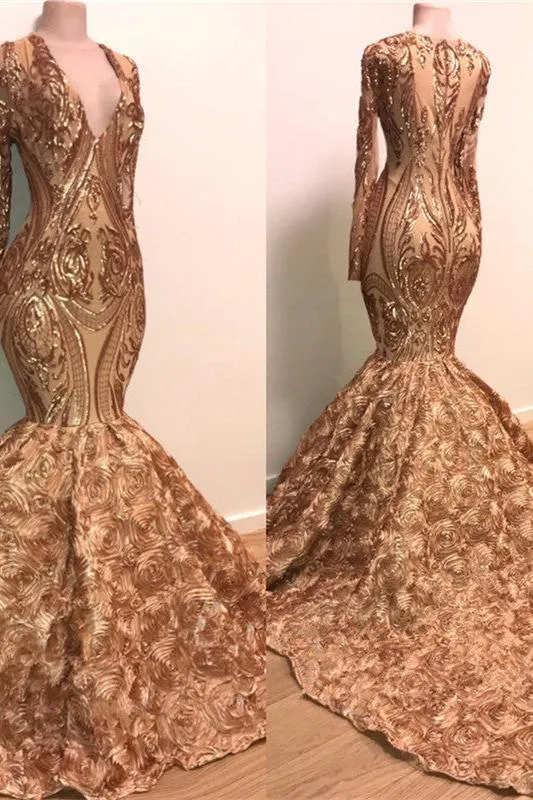 Chic V-neck Elegant Long Sleeves Gold Sparkle Appliques Prom Party Gowns