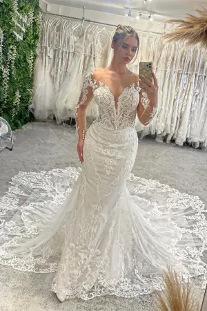 Chic V-Neck Long Sleeves Mermaid Lace Wedding Dress