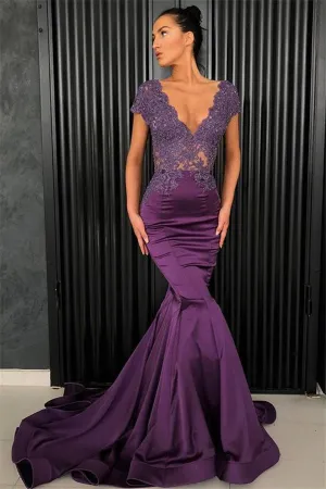 Chic V-Neck Short Sleeves Evening Dresses Mermaid Beadings Long Formal Dresses