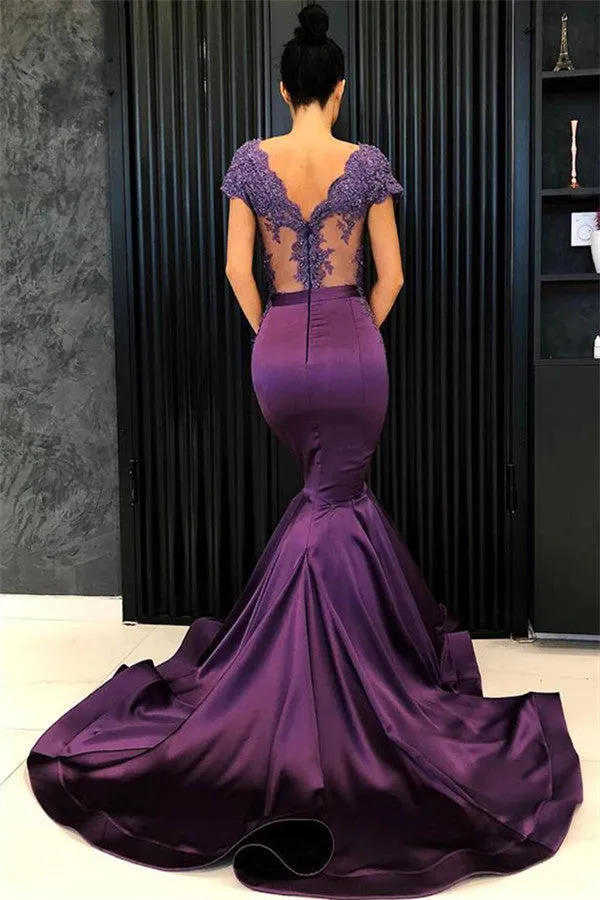 Chic V-Neck Short Sleeves Evening Dresses Mermaid Beadings Long Formal Dresses