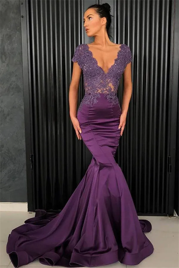 Chic V-Neck Short Sleeves Evening Dresses Mermaid Beadings Long Formal Dresses