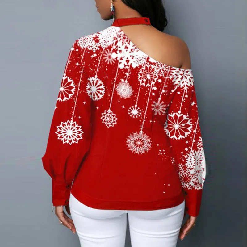 Christmas Snowflake Pattern One Shoulder Top