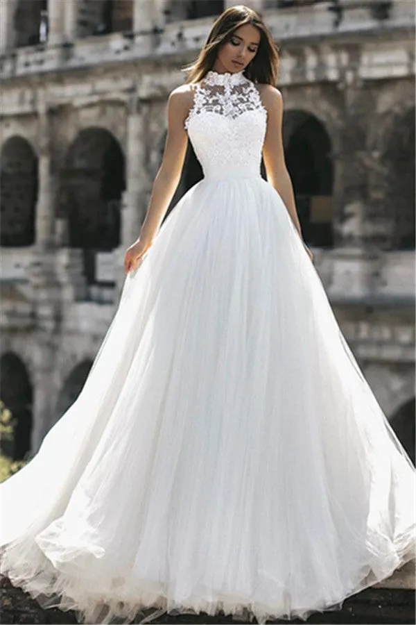 Classic High Neck Sleeveless Appliques A Line Floor Length Wedding Dresses