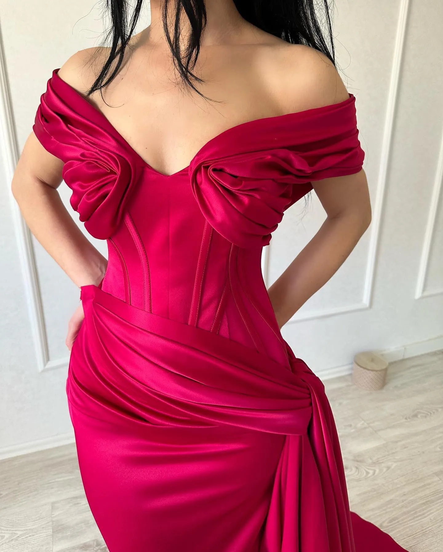 Classic Long Mermaid Off-the-shoulder Sleeveless V-neck Satin Fuchsia Prom Dress