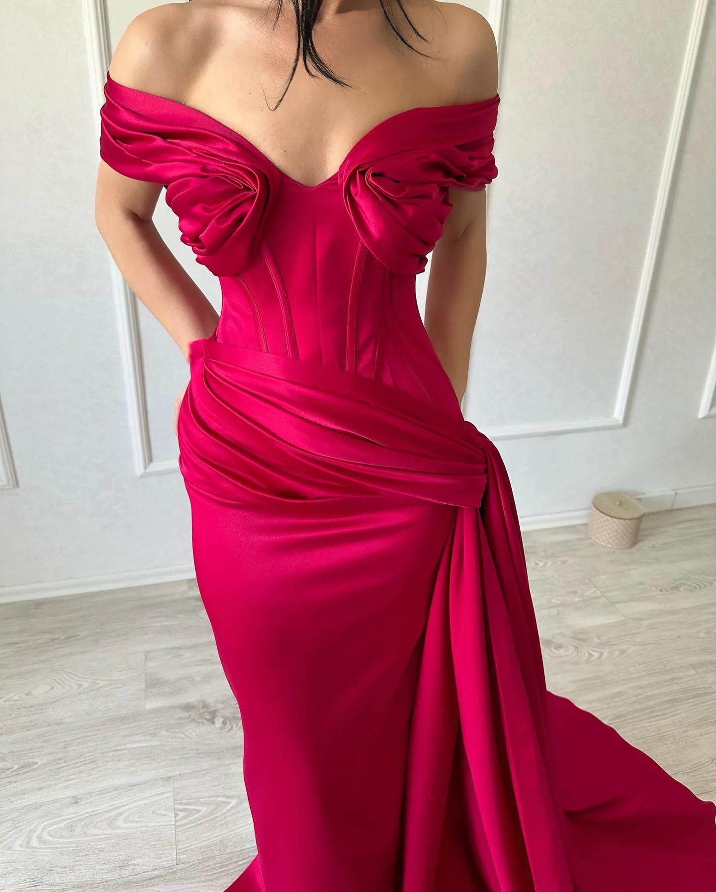 Classic Long Mermaid Off-the-shoulder Sleeveless V-neck Satin Fuchsia Prom Dress