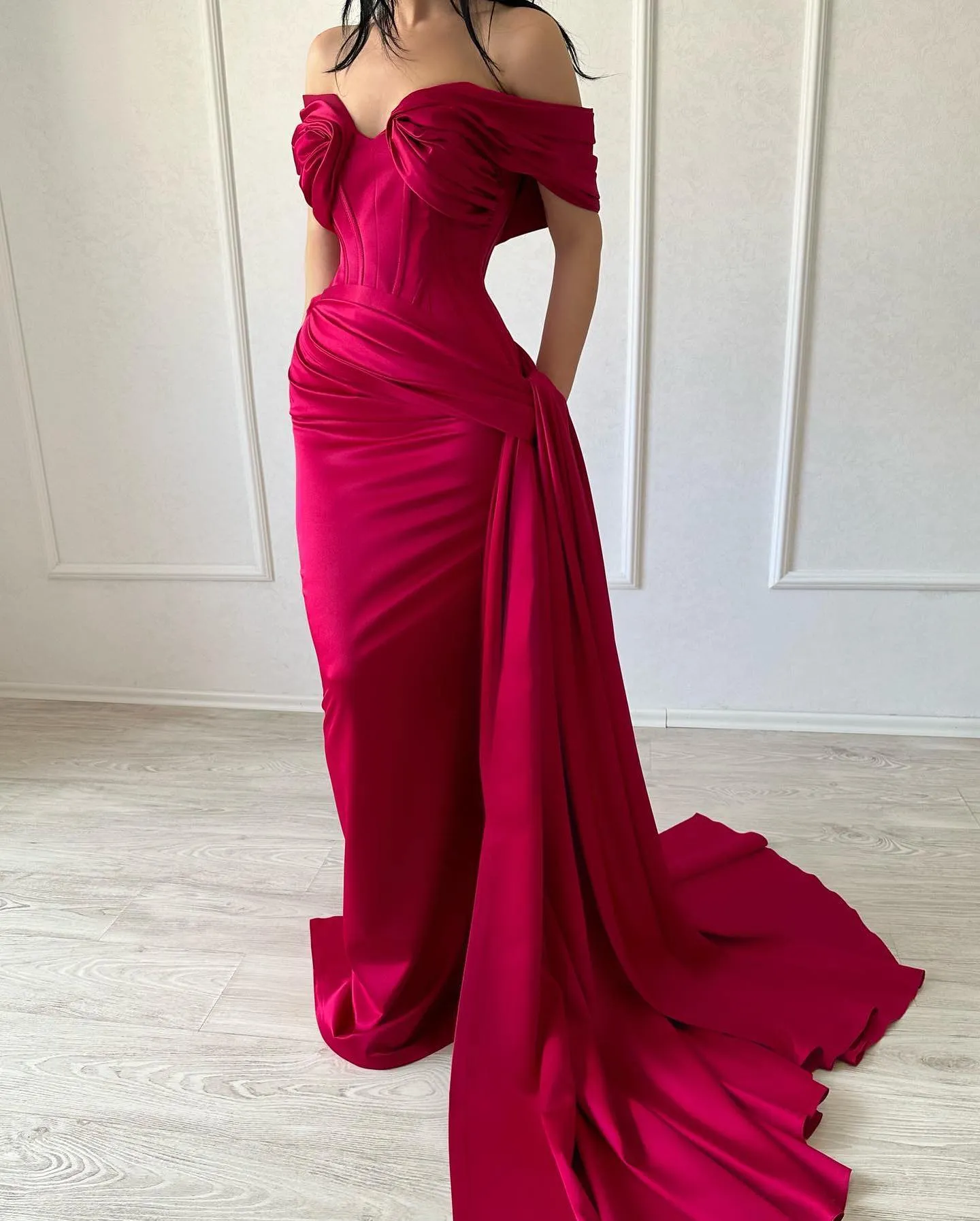 Classic Long Mermaid Off-the-shoulder Sleeveless V-neck Satin Fuchsia Prom Dress