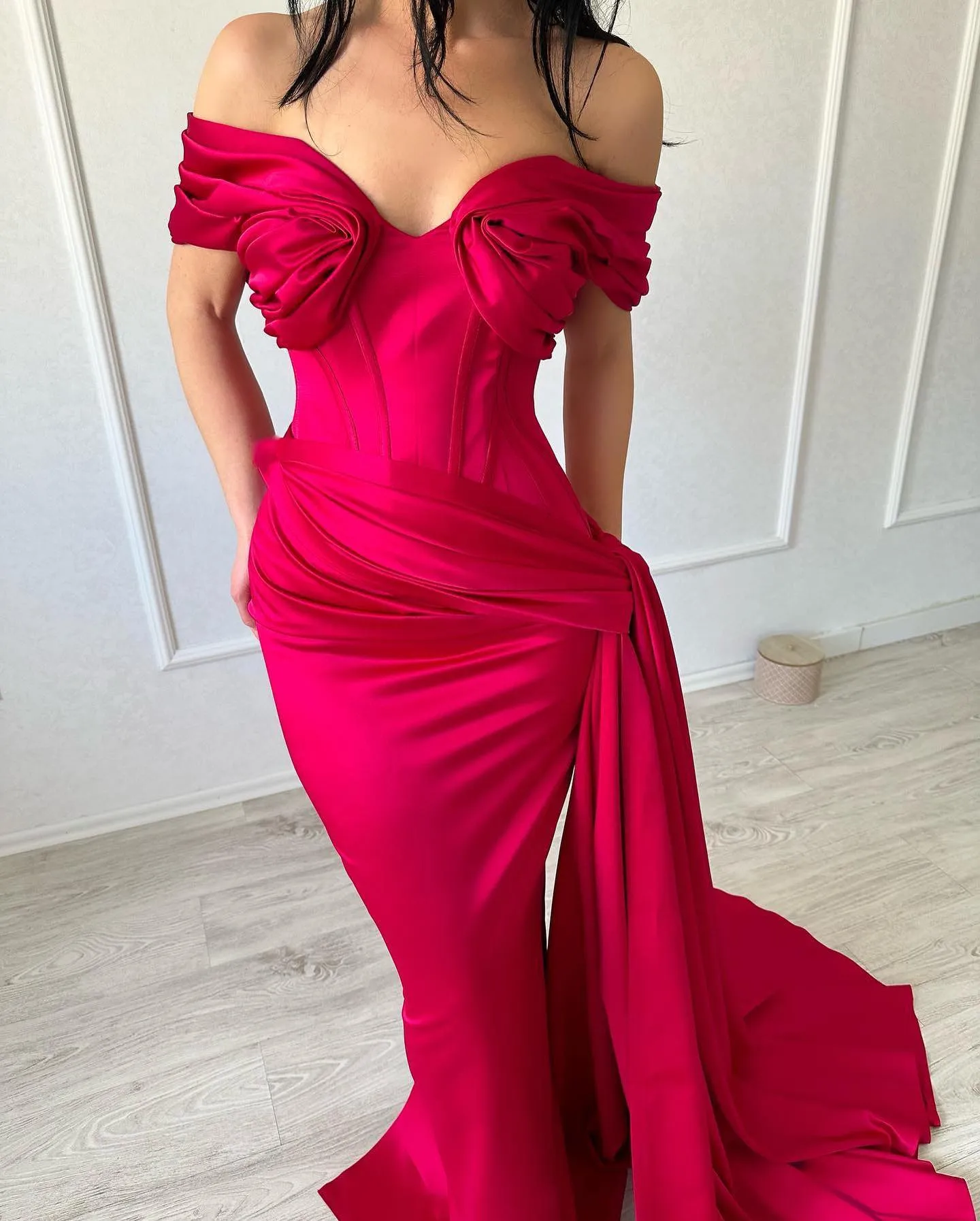 Classic Long Mermaid Off-the-shoulder Sleeveless V-neck Satin Fuchsia Prom Dress