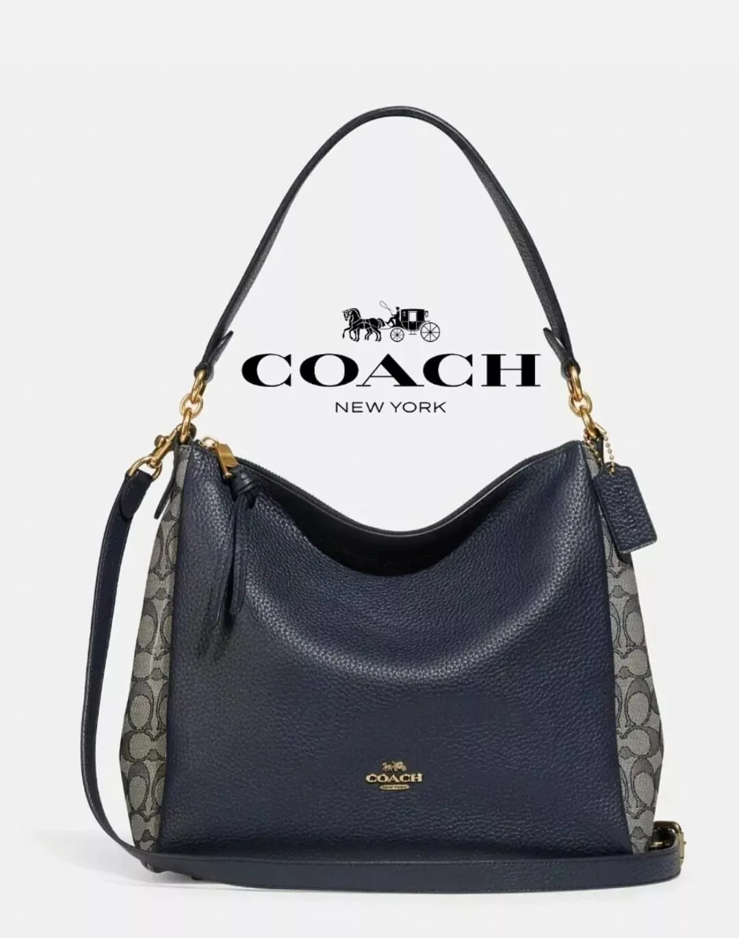 Coach Signature Jacquard Shay Leather Shoulder Bag Handbag Purse Navy Blue NEW