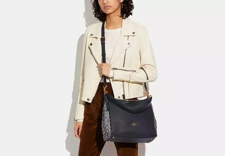 Coach Signature Jacquard Shay Leather Shoulder Bag Handbag Purse Navy Blue NEW