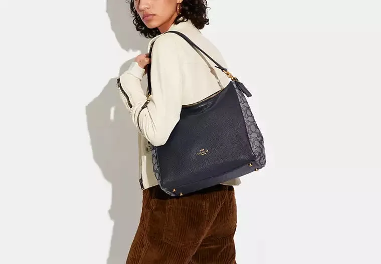 Coach Signature Jacquard Shay Leather Shoulder Bag Handbag Purse Navy Blue NEW
