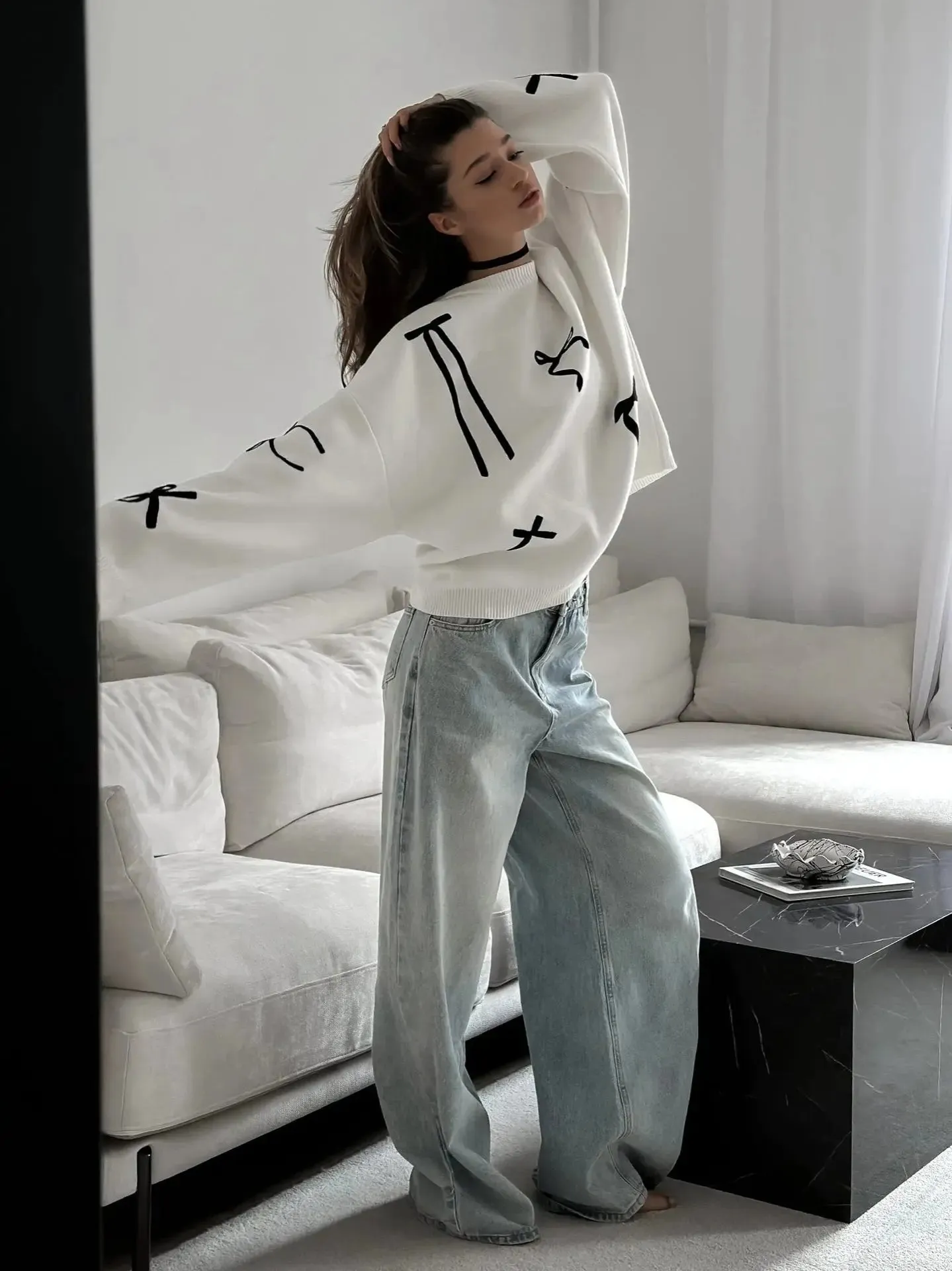 'Cold Brew' Holiday Ribbon Oversized Coquette Sweater