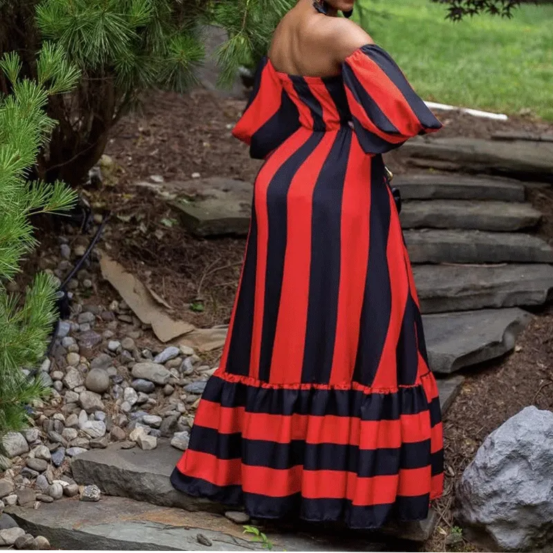 Colorblock Off Shoulder Big Swing Maxi Dress