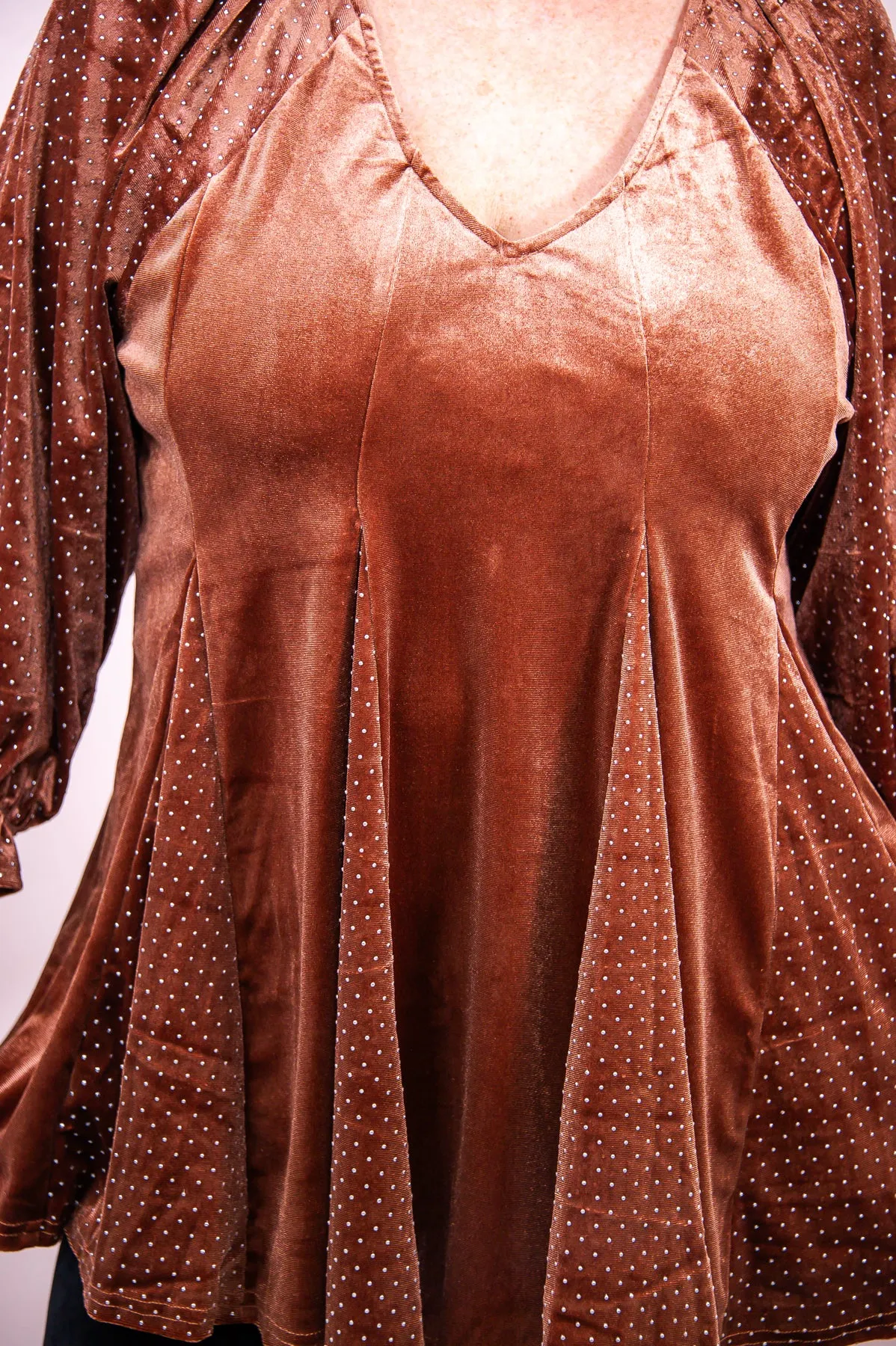 Curvaceous Beauty Brown/Silver Velvet Polka Dot Tunic - T8504BR