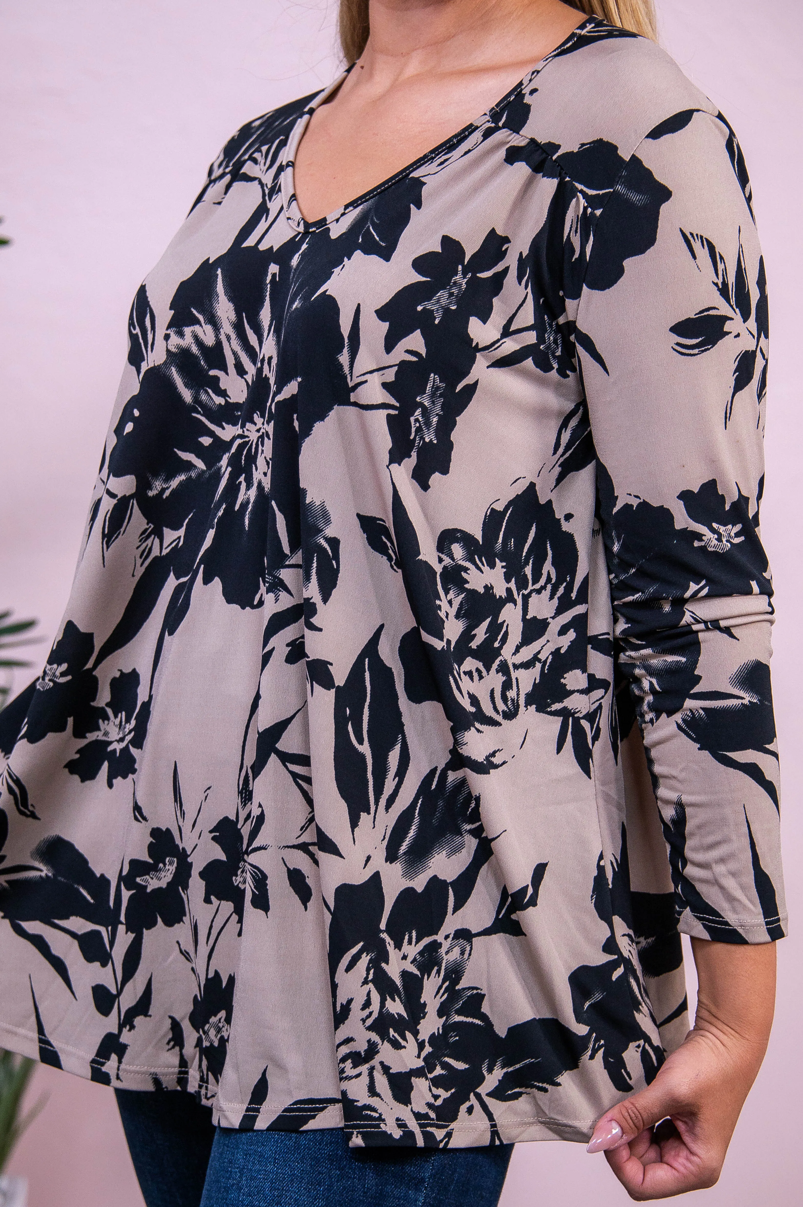 Dare To Indulge Taupe/Black Floral Top - T10372TA