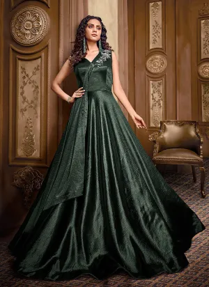 Dark Green Floral Embroidered Layered Indo Western Gown