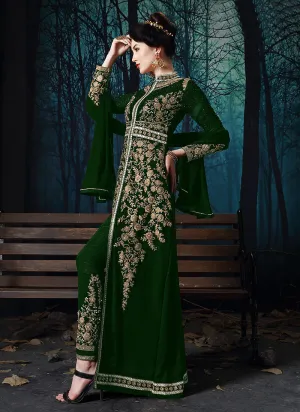 Dark Green Slit Style Embroidered Anarkali Pant Suit