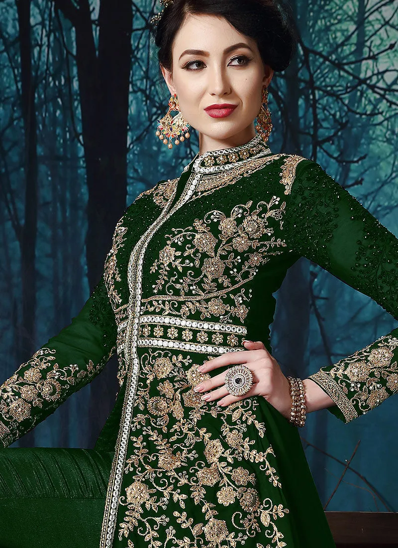 Dark Green Slit Style Embroidered Anarkali Pant Suit