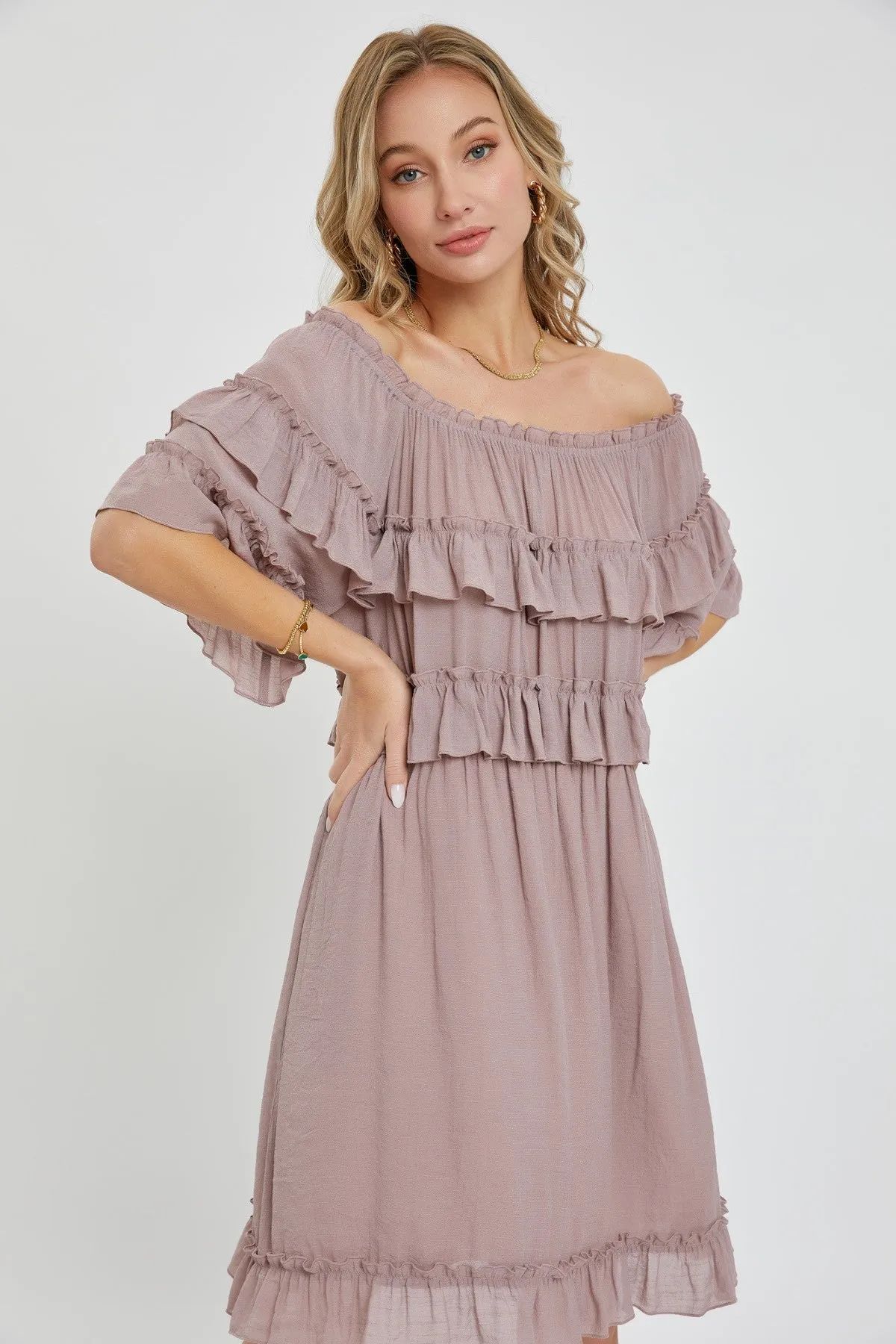Dark Mauve Off Shoulder Ruffle Knee Length Dress